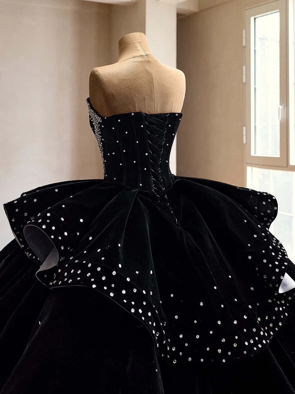 Black velvet ball gown wedding dress back bodice detail