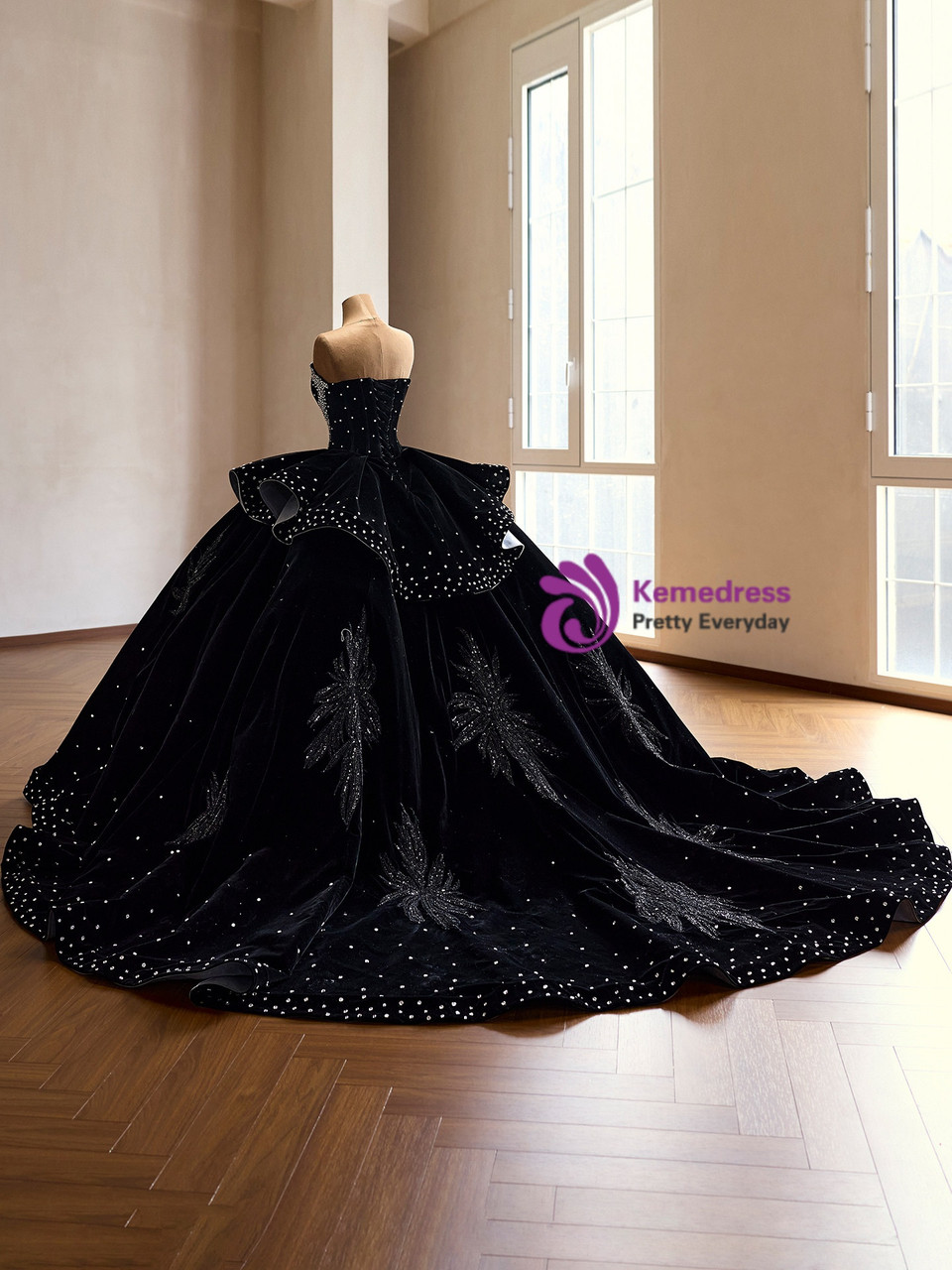 Black velvet strapless ball gown wedding dress back view