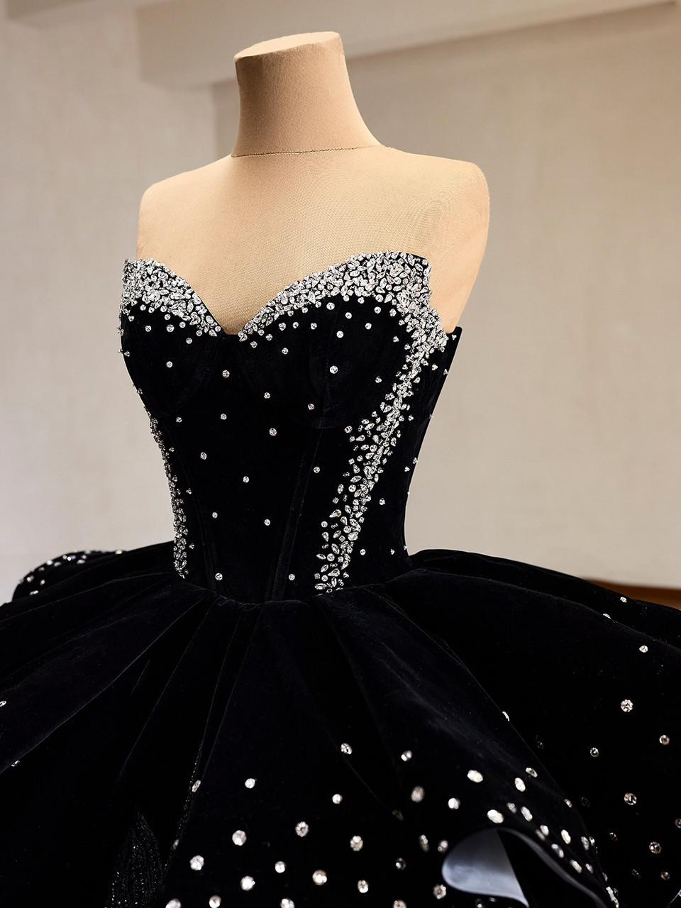 Black velvet ball gown wedding dress side bodice detail