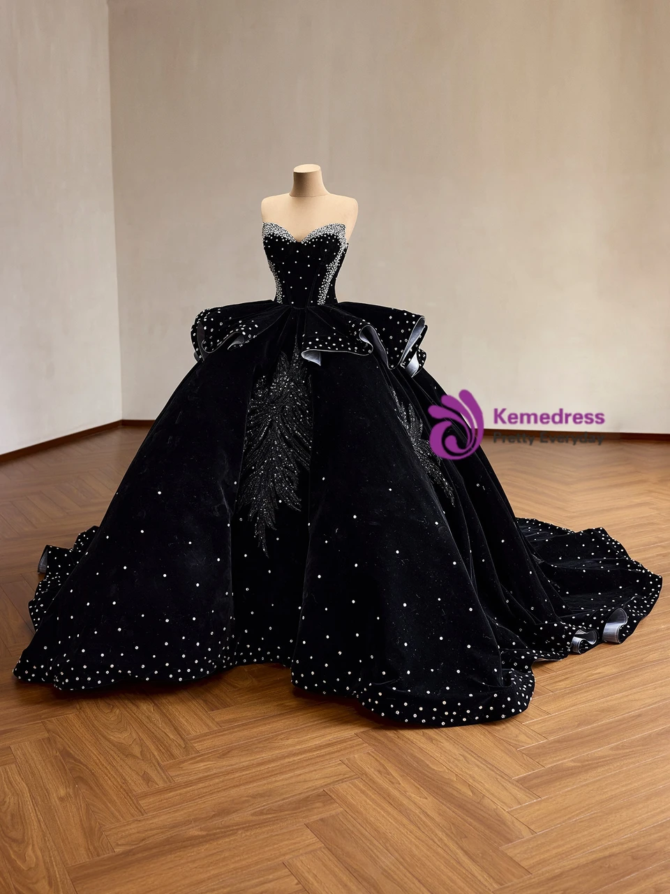 Black velvet strapless ball gown wedding dress side view