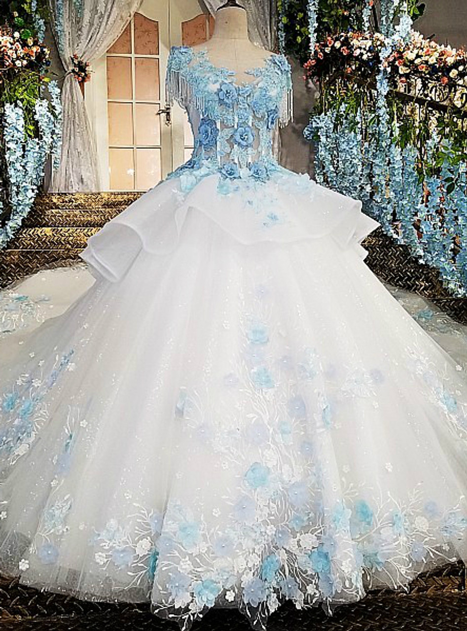 Wedding dress hot sale with blue flowers