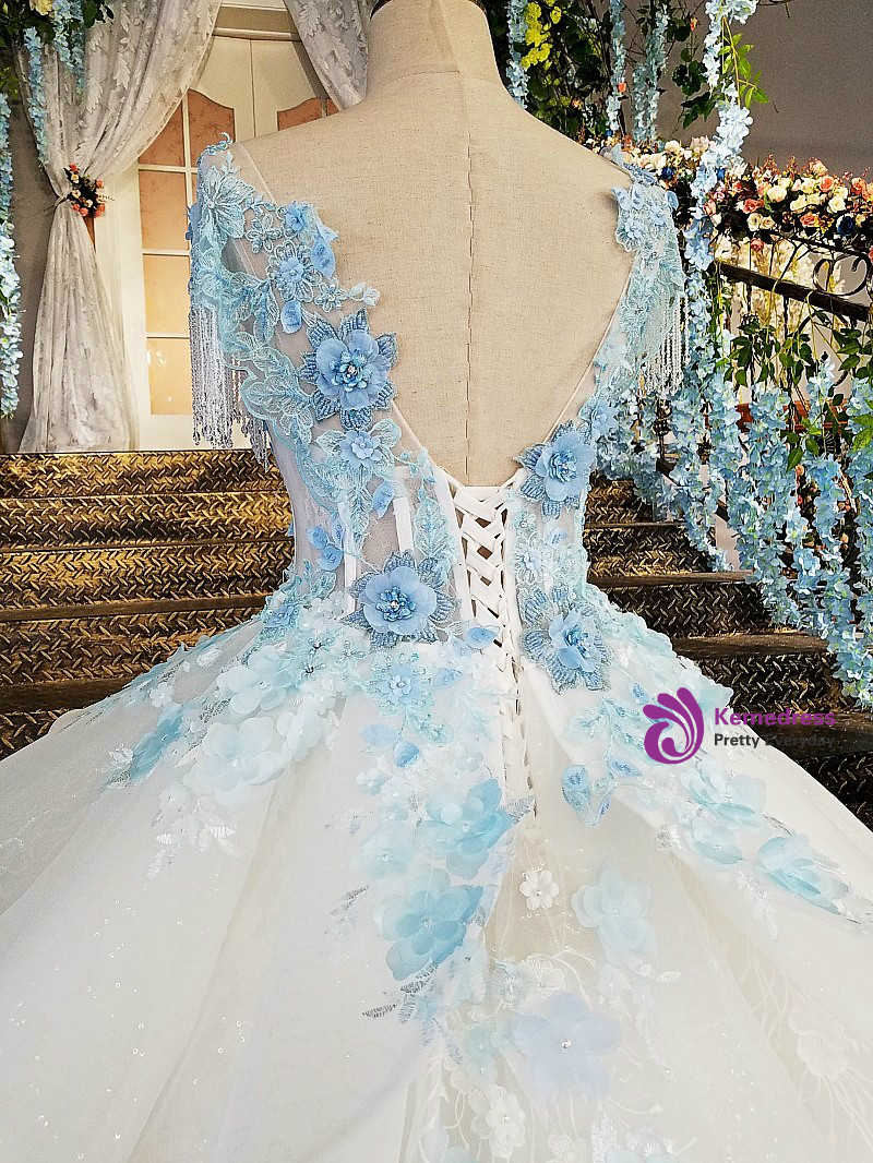 Ivory Wedding Dress With Blue Lace Flowers Backless Online Shop