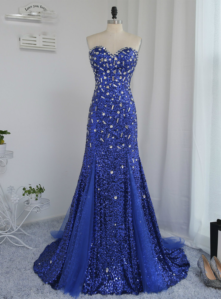 Sweetheart Mermaid Sequin Gown With Slit Royal Blue