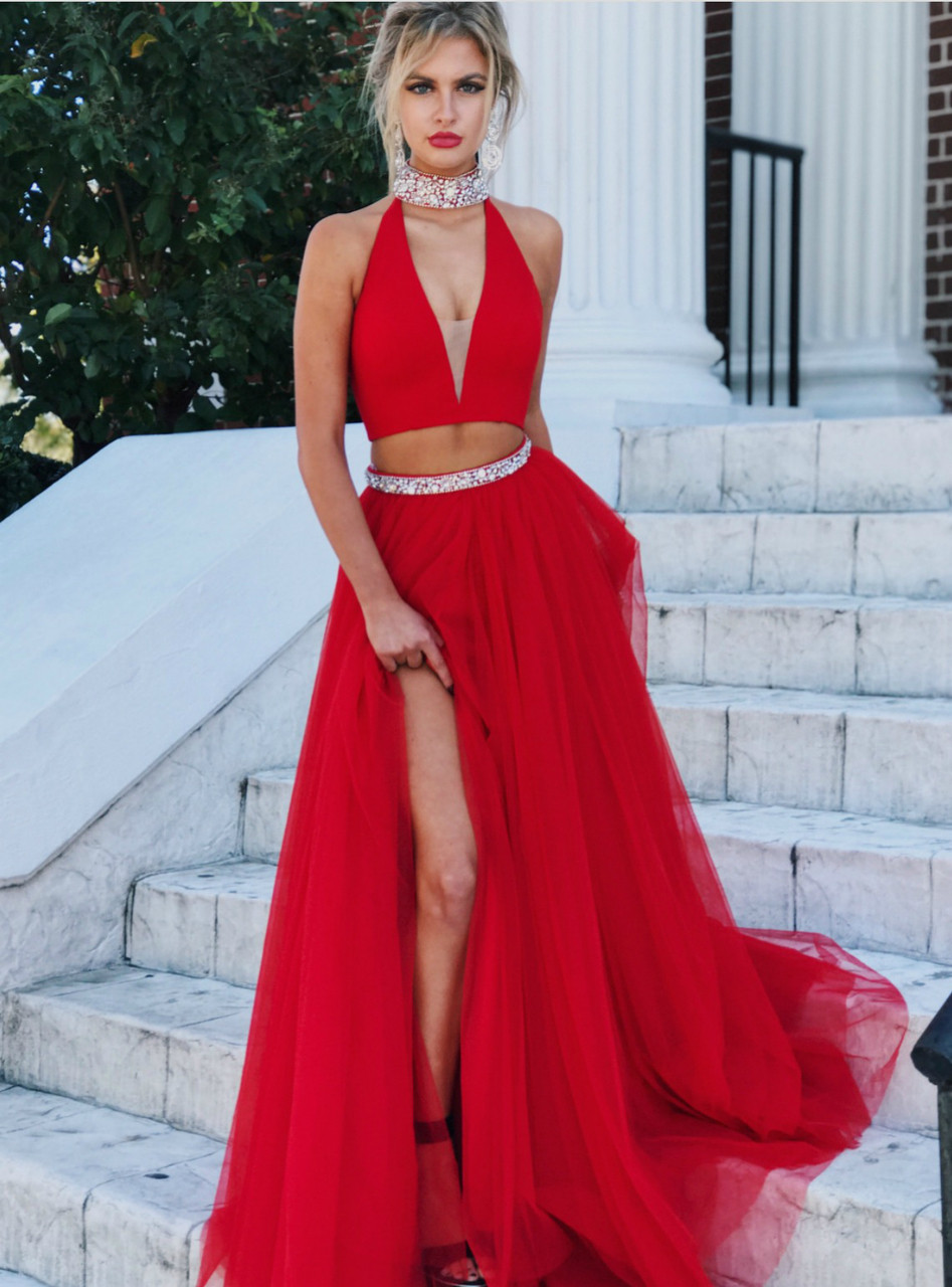Two Piece Red Long Prom Dress With Slit