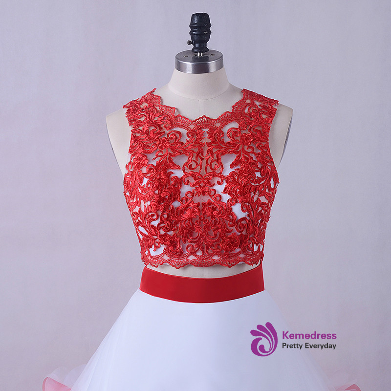 White and red floral vintage lace dress detail