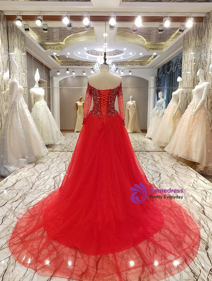 A-line Red Crystal Beading Long Sleeved Prom Party Gowns