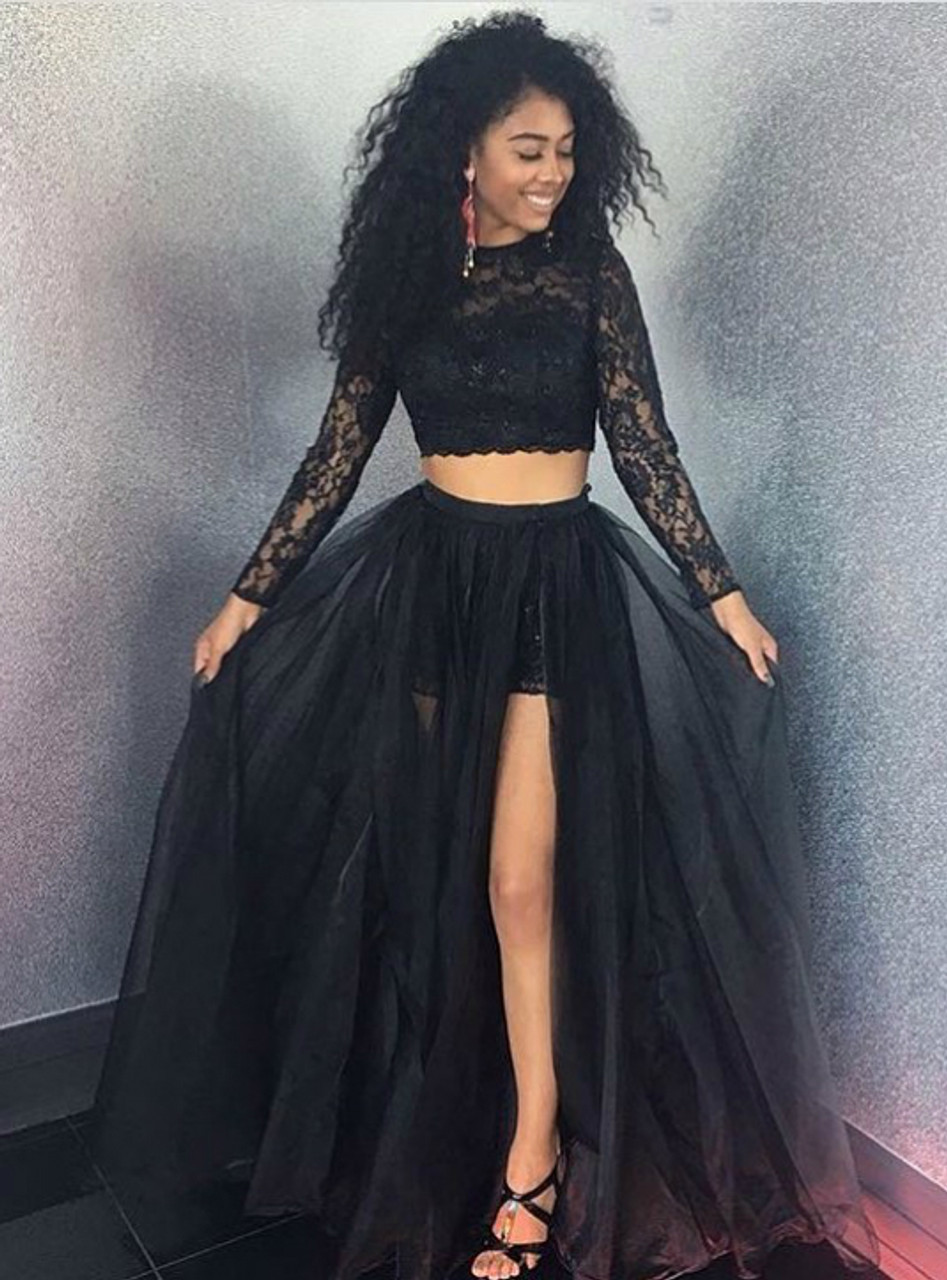 Long Sleeve Two-Piece Prom Dress with Satin Skirt and Embroidered Net Top