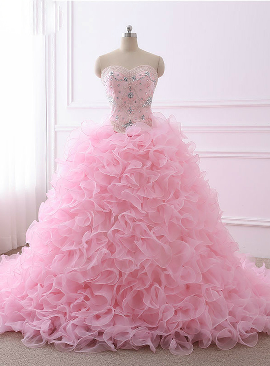 pink ruffled quinceanera dresses