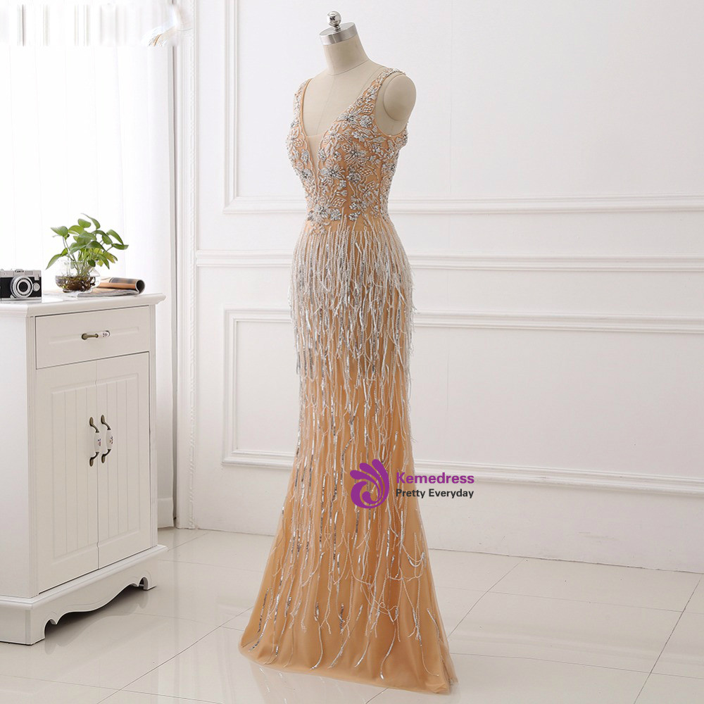 Sexy V-Neck Heavy Beaded Prom Dresses With Crystal Sequined Mermaid Evening Dresses 2018