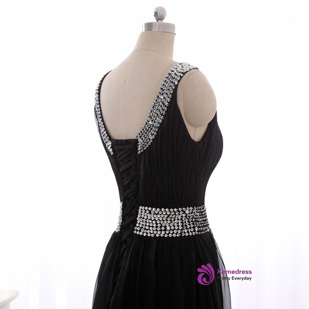 A-Line Bowknot Scoop Beaded Dress With Pockets Black