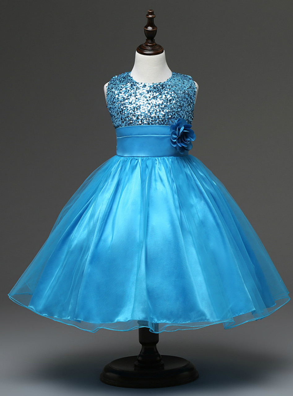 In Stock:Ship in 48 hours Blue Flower Girl Dress