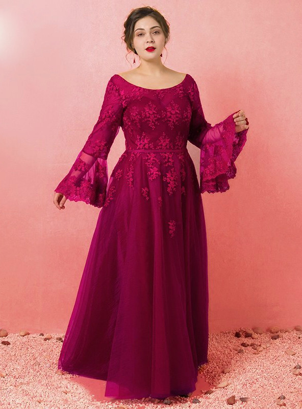 Plus Size Burgundy Long Sleeve Tulle 