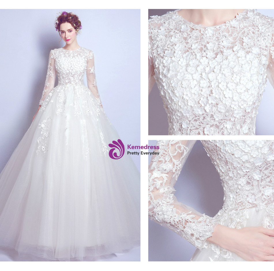 White wedding dress detail collage showing floral bodice, lace long sleeve and defined waist