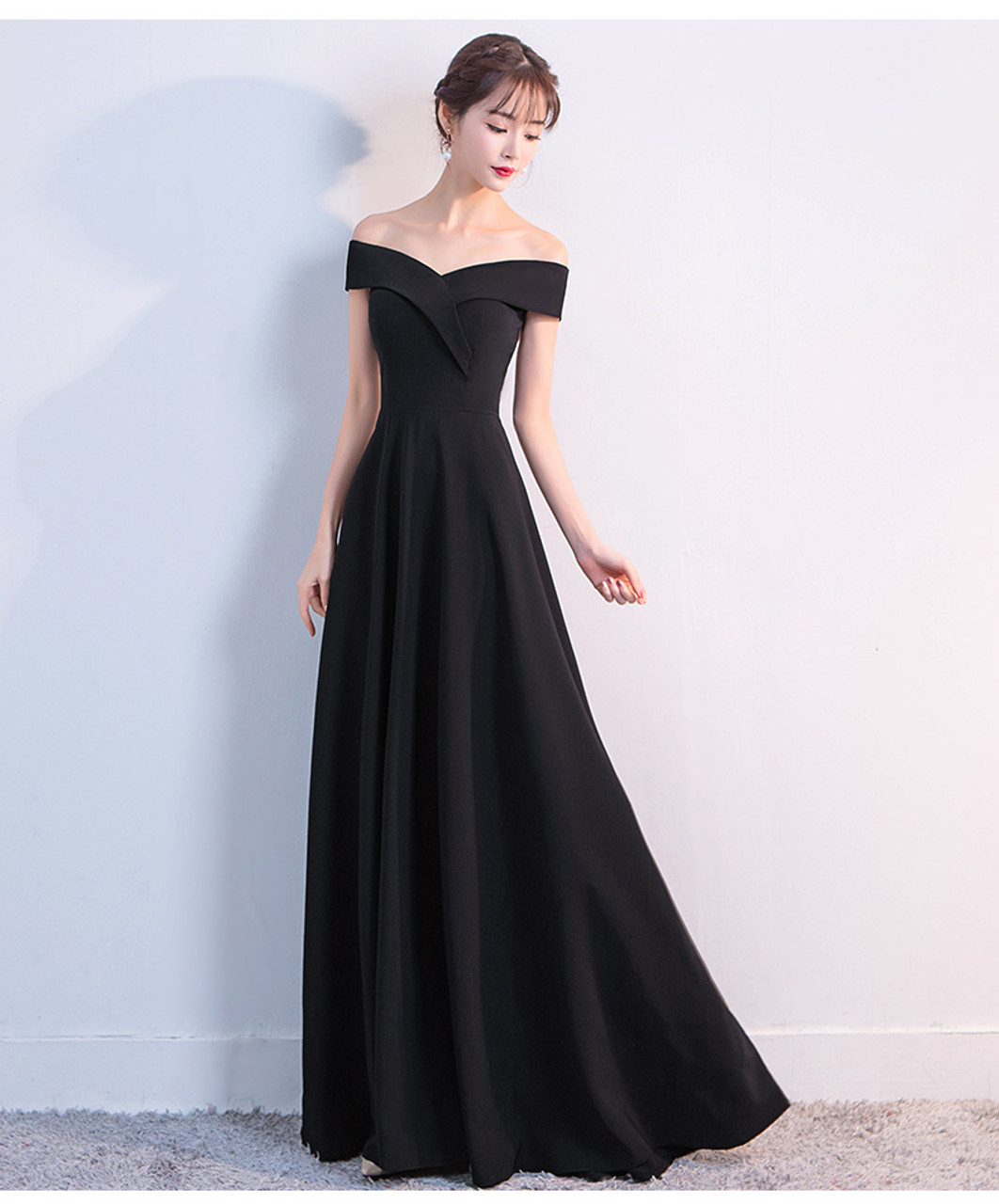 In Stock:Ship in 48 hours Black Satin Off The Shoulder Prom Dress