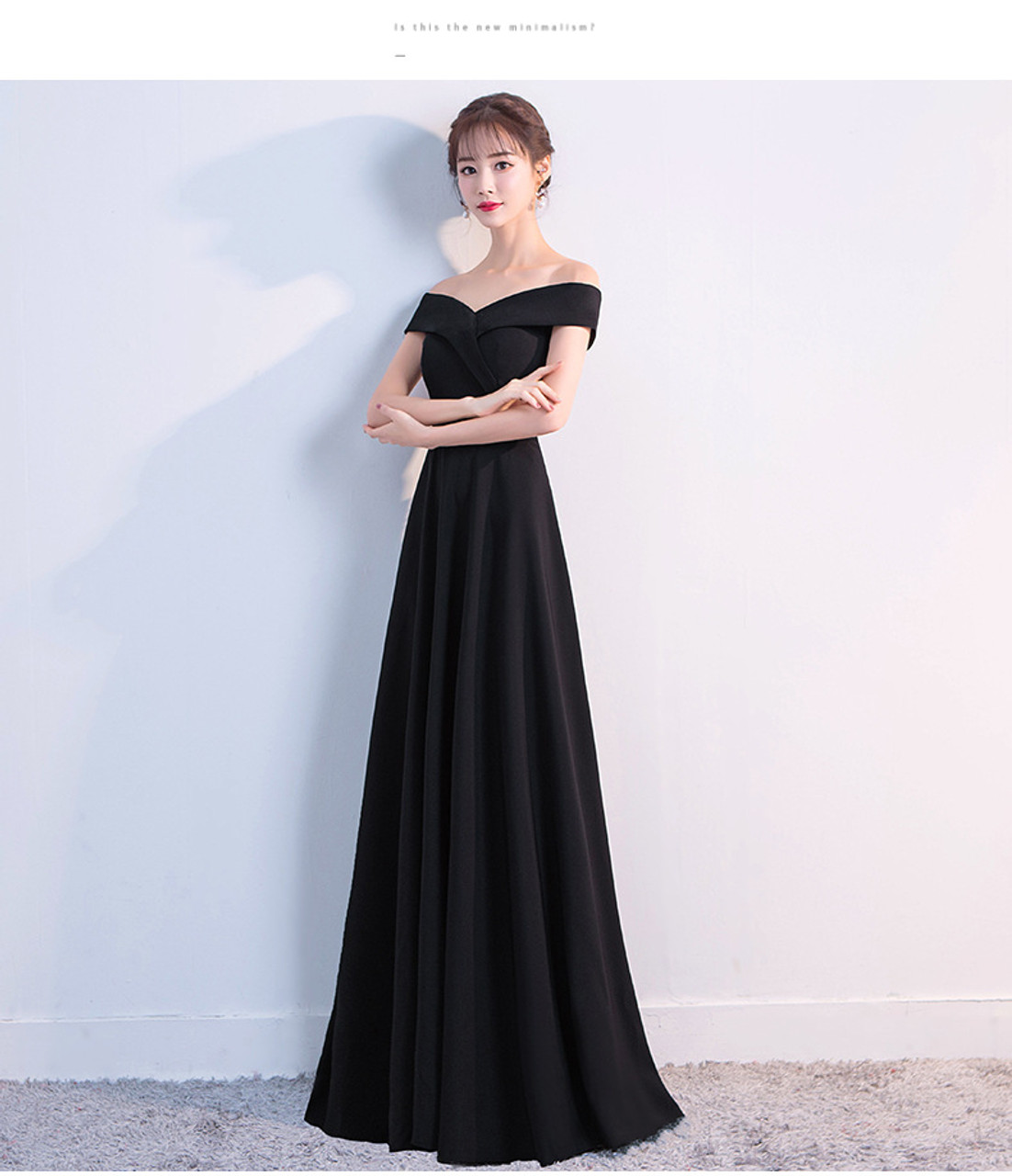 In Stock:Ship in 48 hours Black Satin Off The Shoulder Prom Dress