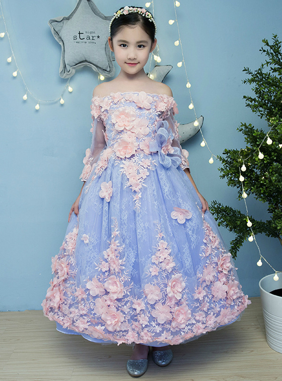 In Stock:Ship in 48 hours Blue Tulle Appliques Flower Girl Dress