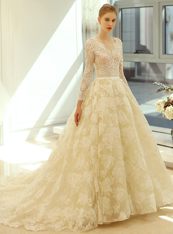 Champagne Long Sleeve Lace Beading Wedding Dress