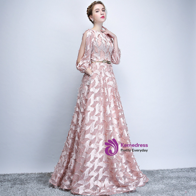 In Stock:Ship in 48 hours Pink Long Sleeve Lace With Sash Prom Dress