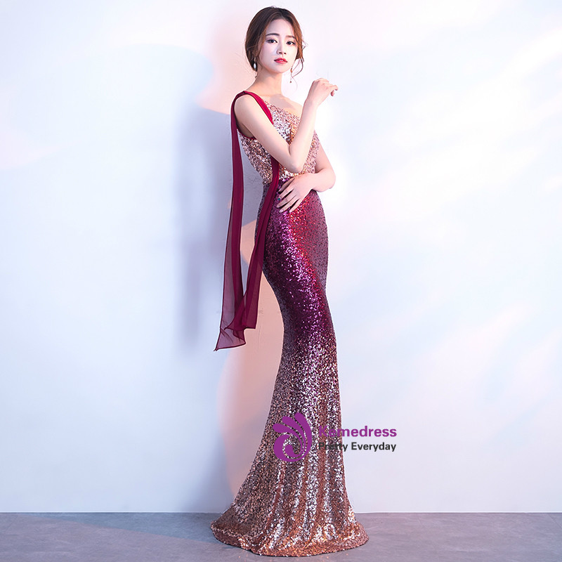 Black One Shoulder Mermaid Sequins Prom Dress With Feather