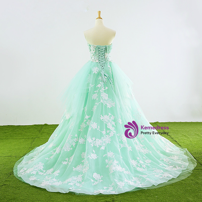 Green Tulle Sweetheart Ball Gown Appliques Sheer Prom Dress main image 1