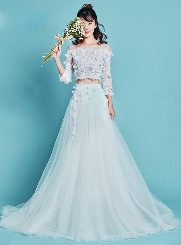 fitted lace wedding dress Two Pieces Long Sleeves Lace White Beach Wedding Dress WD383 US12 / White main image 0