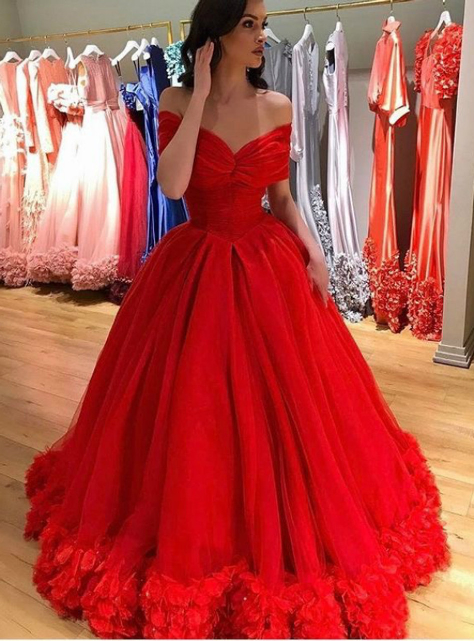Red Ball Gown Off The Shoulder Tulle Appliques Quinceanera Tulle Prom