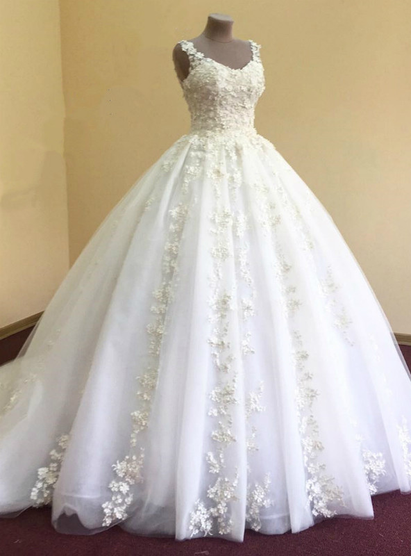 Unique Ball Gown Strapless Satin Tulle Flower Applique With Veil Long Wedding Dresses C4281 main image 0