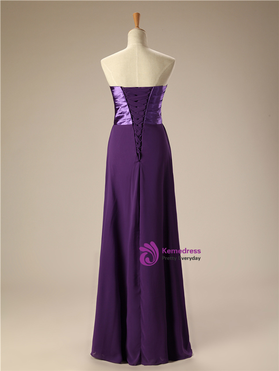 A Line Strapless Chiffon Purple Floor Length Bridesmaid Dress