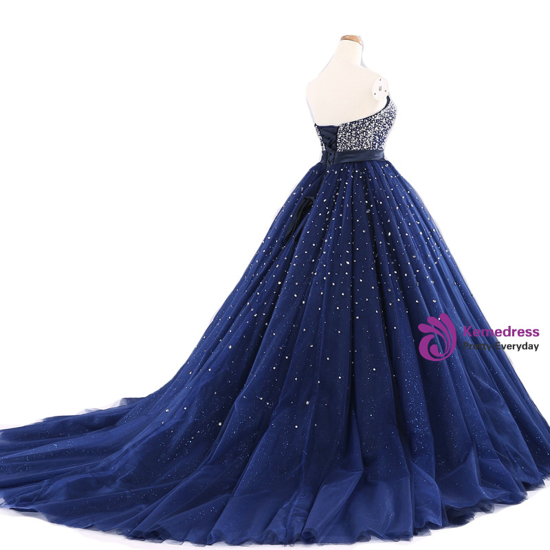 Navy Blue Ball Gown Tulle Strapless Prom Dress main image 0
