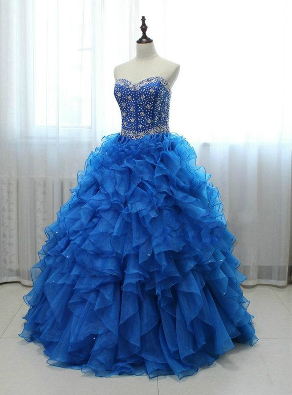 Long Royal Blue Beaded Organza Featuring Sweetheart Neck Prom Dresses