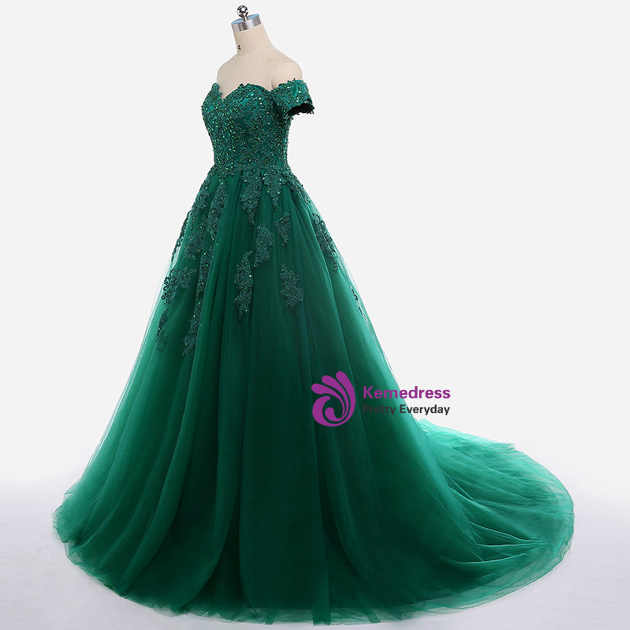 Dark Green Lace Appliques Short Sleeve Ball Gown For 15 Quinceanera Dresses