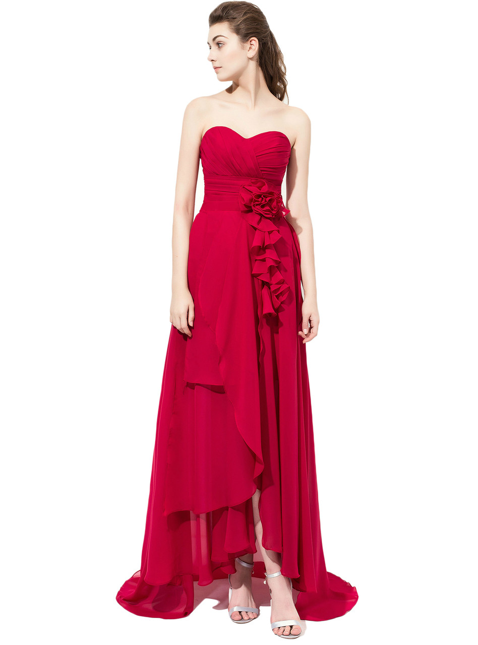 Burgundy High Low Chiffon Bridesmaid Dress With Ruched Bodice
