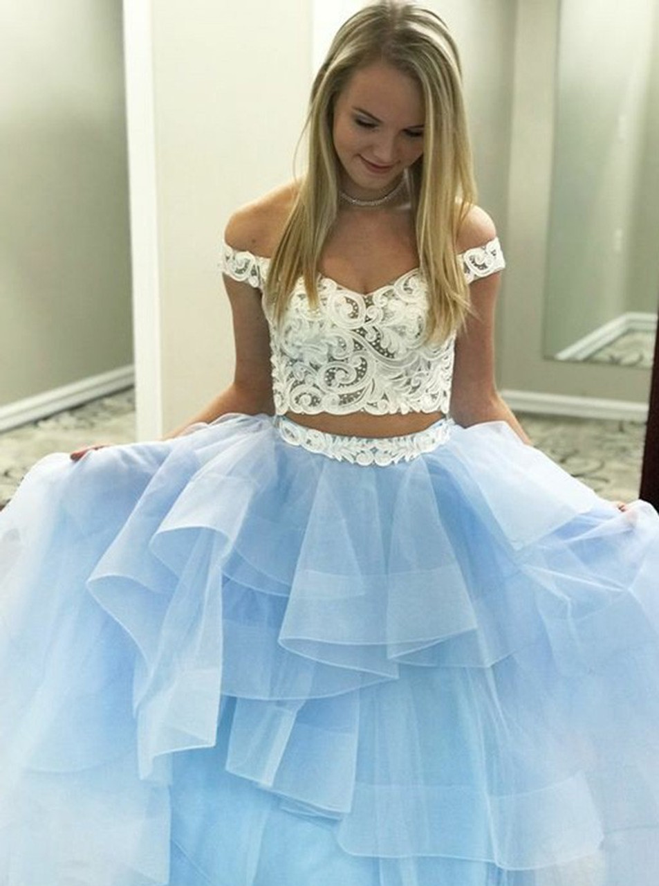 Blue Two Piece Off the Shoulder Tiered Tulle Prom Dress
