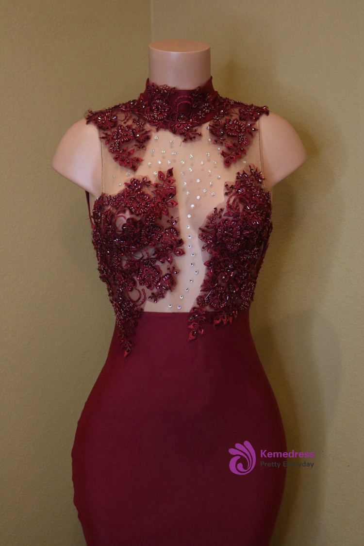 Burgundy High Neck Lace Bodice Princess Floor Length Long Prom Dress C207