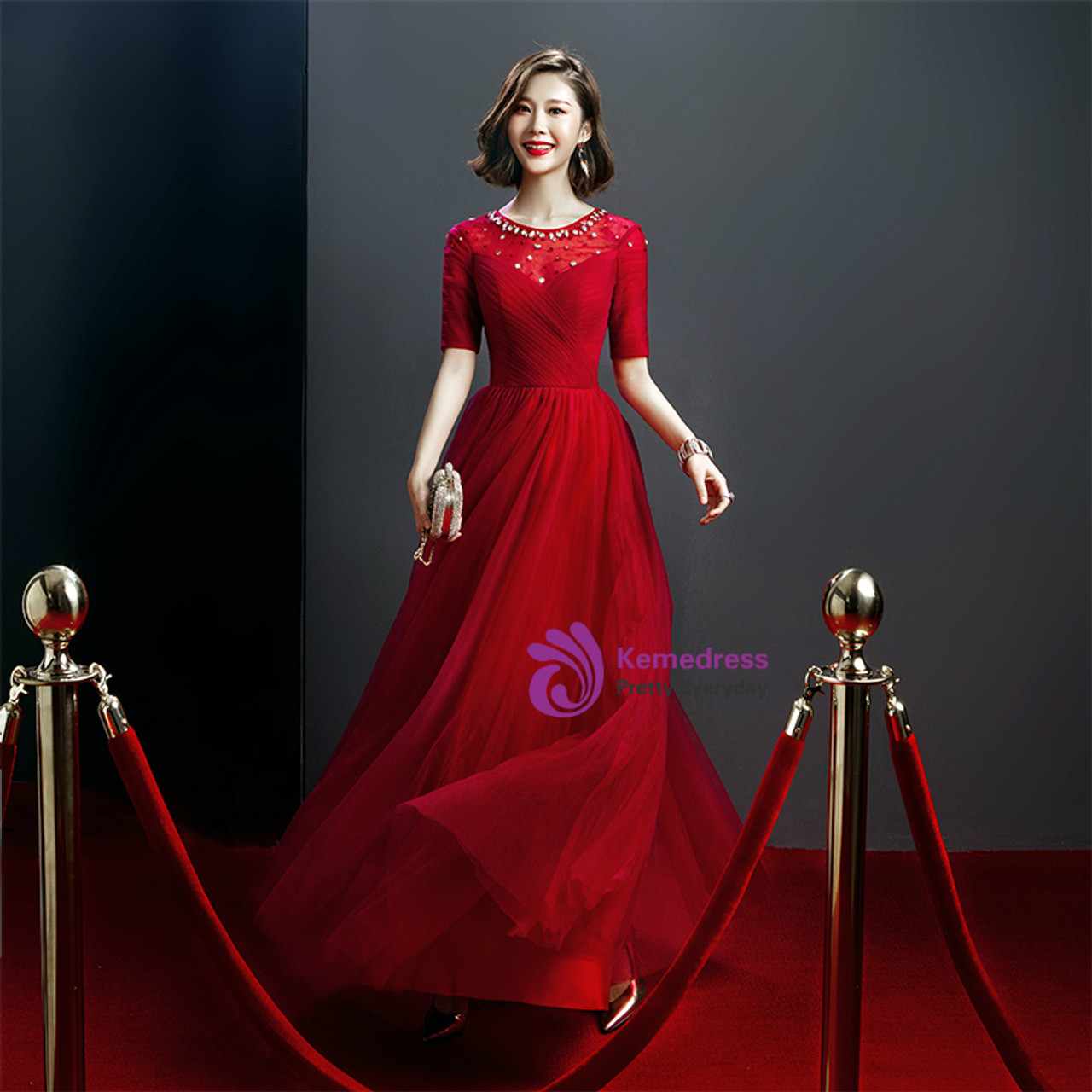 Red Tulle Short Sleeve Lace Up Beading Backless Prom Dress