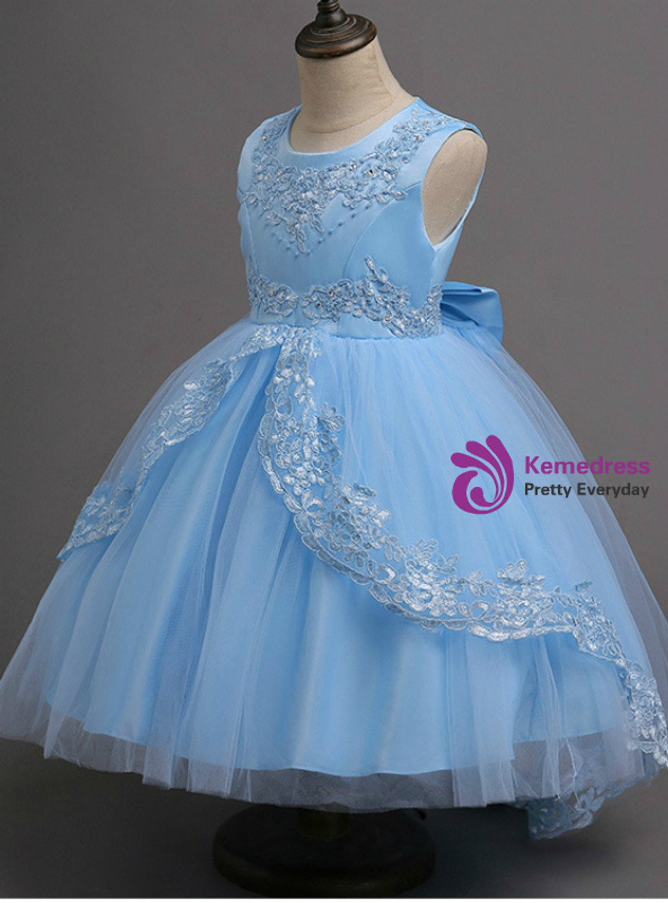 In Stock:Ship in 48 hours Ready To Ship Blue Tulle Appliques Girl Dress
