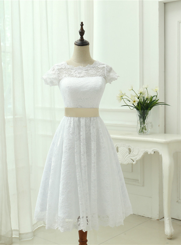 tea length women's white short wedding dress A-Line Satin Gowns Pockets COCOMELODY CW3436, 25 Days / Ivory / US6-UK8-EUR36 Midi Neckline White Wedding Short Dresses 2018