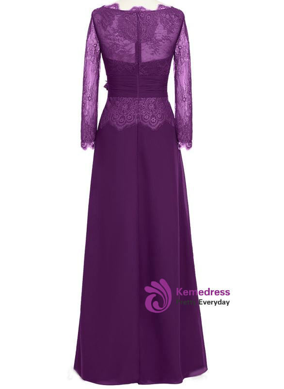 Purple floor length lace A-line mother of the bride gown with long sleeves