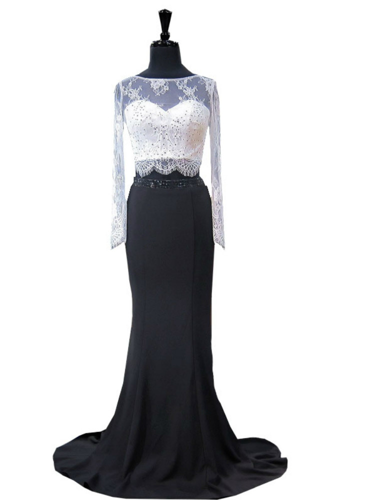 fitted lace wedding dress Zapaka Women Black White Long Mother of The Bride Dress Mermaid Lace Top Long Sleeves Satin Wedding Guest Dress, Black+White / US22W main image 0