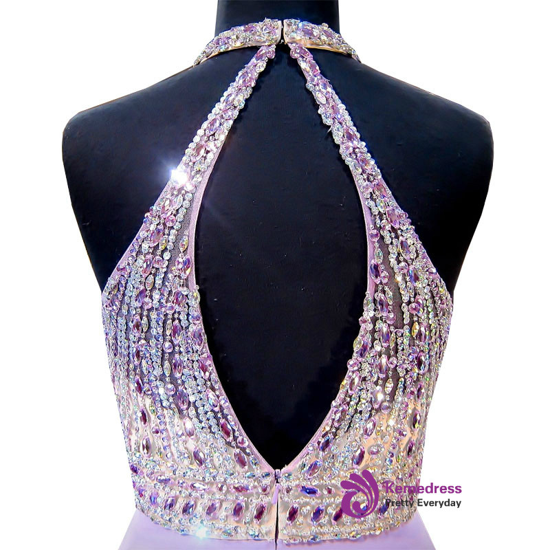 Lilac Halter Sleeveless Feather Beaded Sheath Evening Dress Floor Length Sparkly Prom Dress