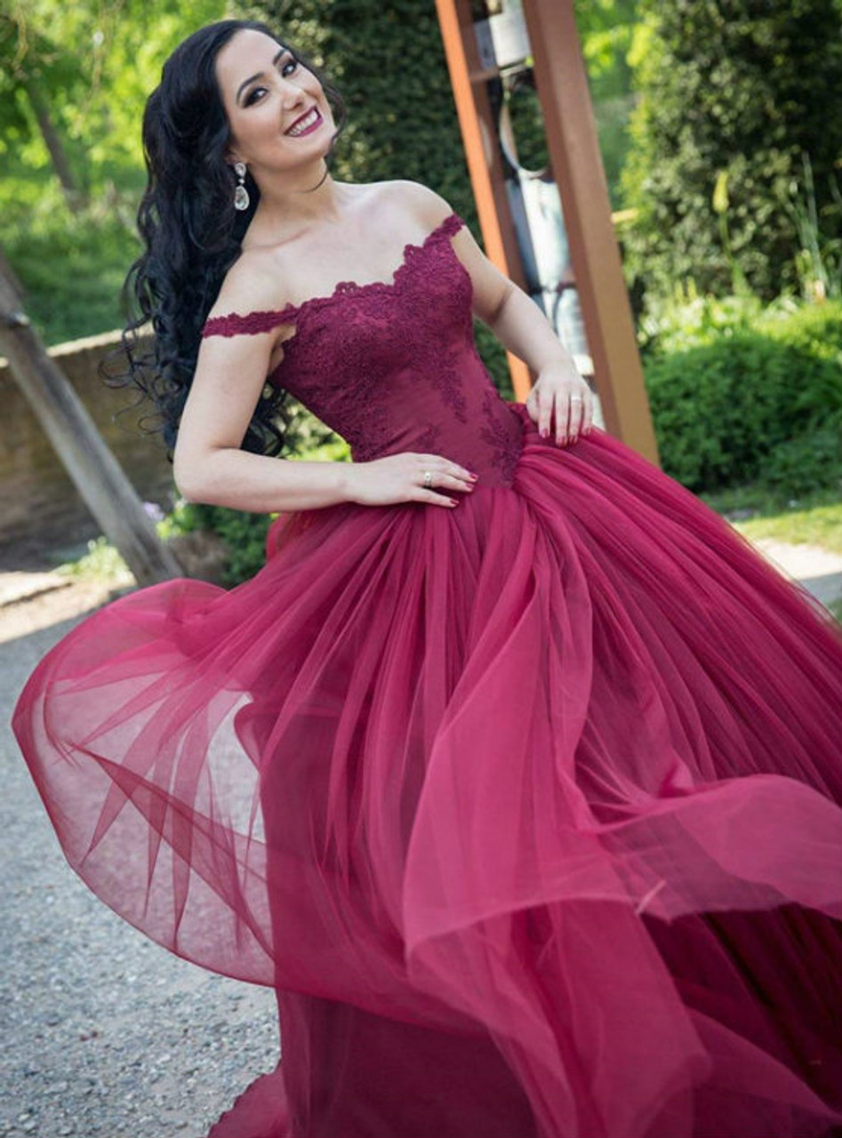 Maroon Satin Ball Gowns Wedding Dresses Off The Shoulder – alinanova