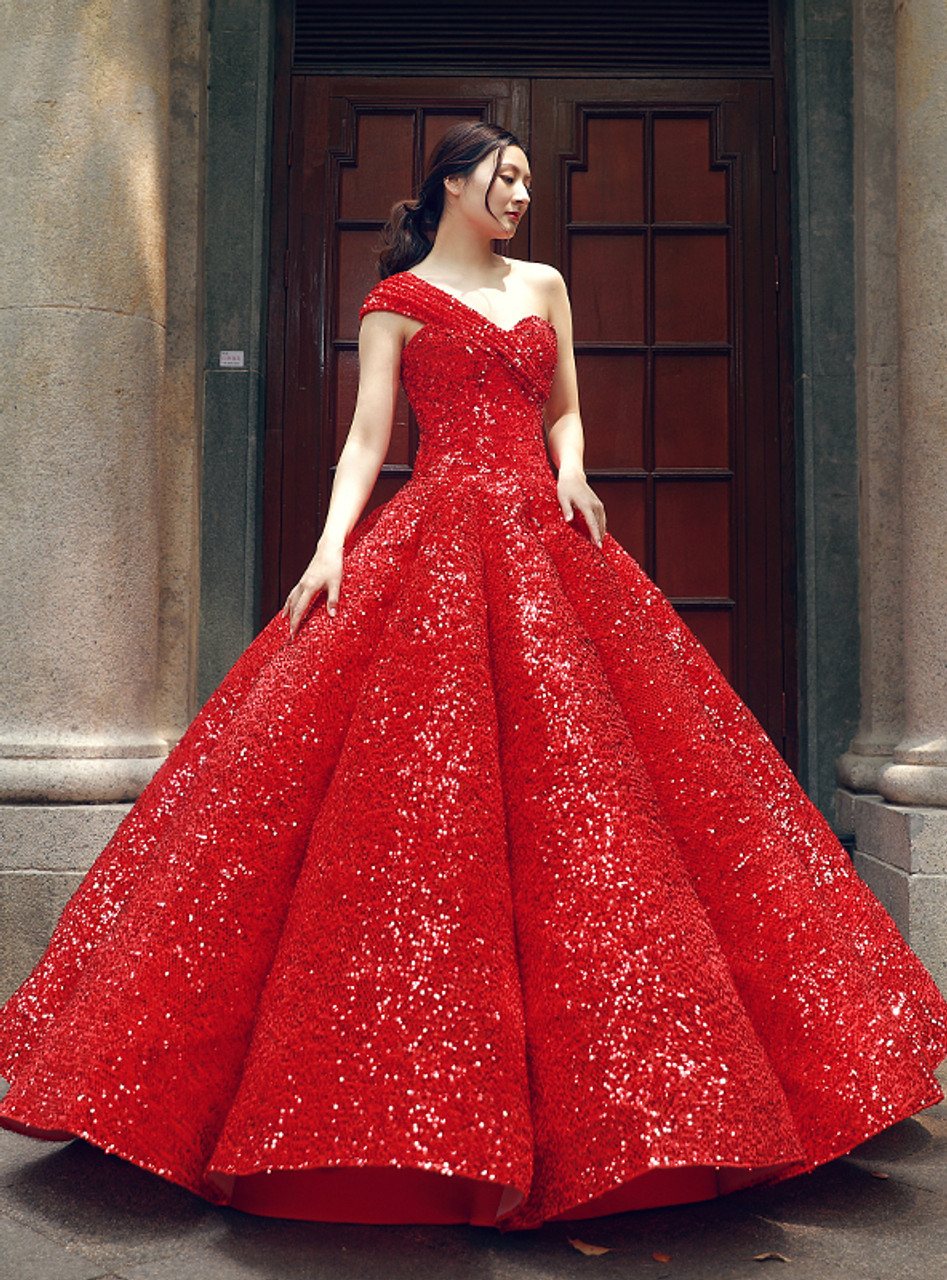  Red Ball Gown  One Shoulder Sequins Floor Length Wedding Dress