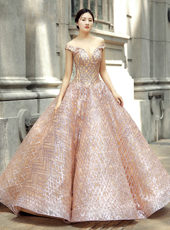 pink sequin wedding dress Elegant Pearl Beaded Pink Sequin Evening Gown SS287