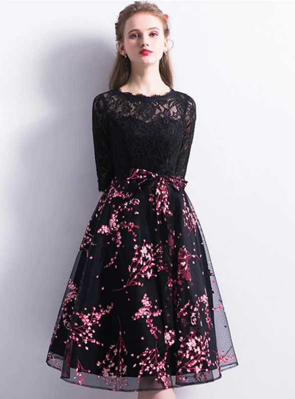 half sleeve homecoming dresses In Stock:Ship in 48 hours Black Print Dress collection_Remi