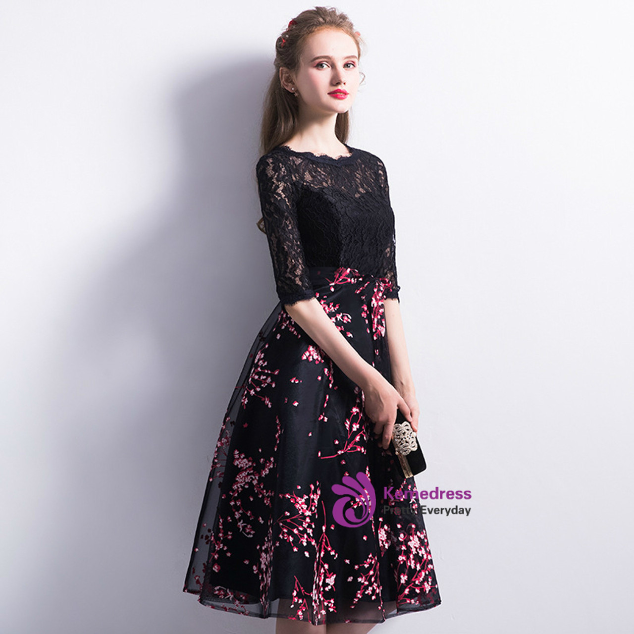 In Stock:Ship in 48 hours Black Half Sleeve Print Homecoming Dress