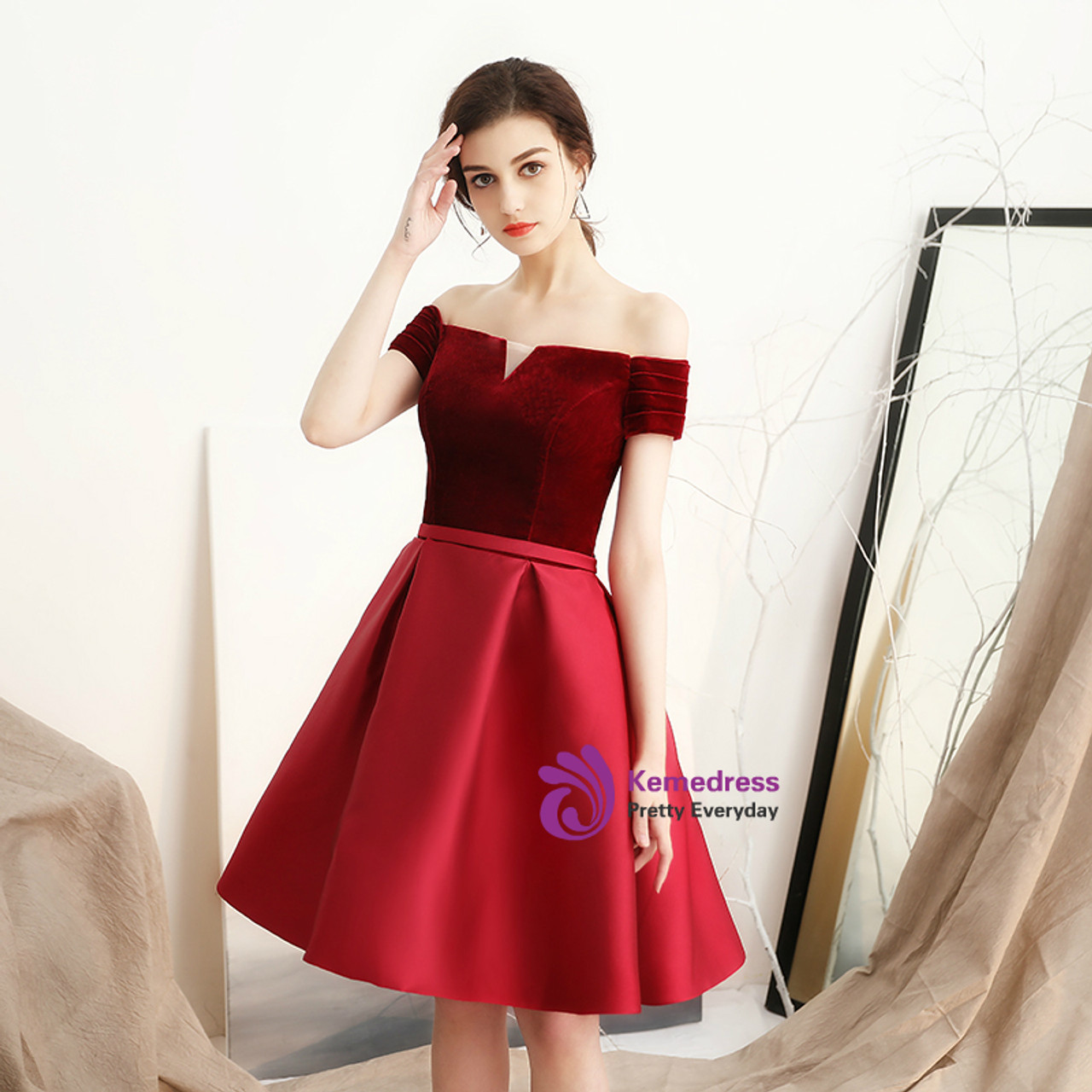 In Stock:Ship in 48 hours Burgundy Off the Shoulder Satin Homecoming Dress