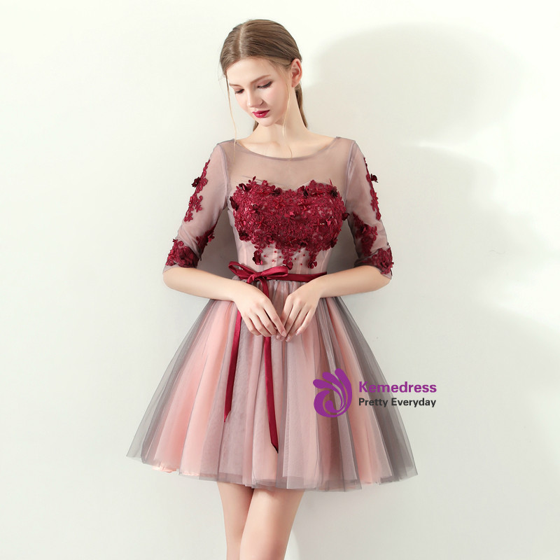 Off-shoulder Short Sleeves Black Tulle Appliques Homecoming Dresses, HD0502