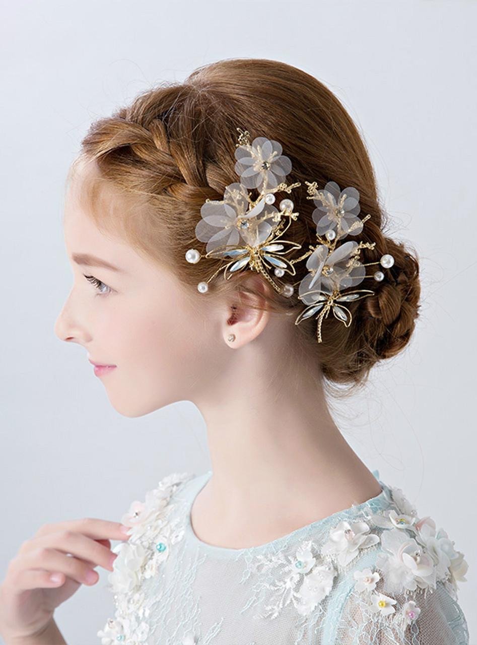 Girl Tiara Hairpin Golden 2 Piece Dragonfly Flower Girls Accessories
