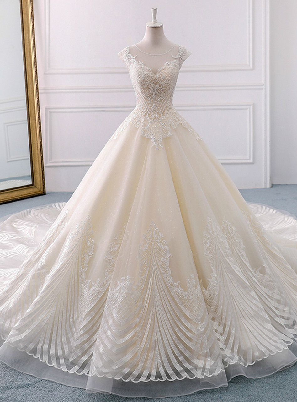 Champagne Tulle Lace With Beading Backless Wedding Dress