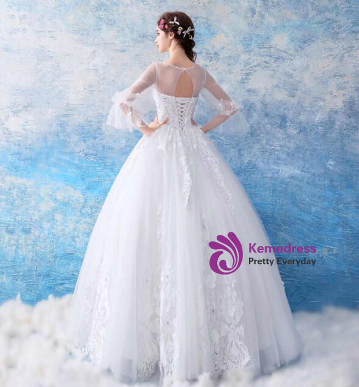 In Stock:Ship in 48 hours White Long Sleeve Backless Wedding Dress